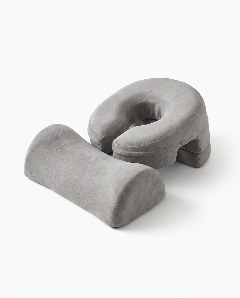 Grey variant of the face-down comfort pillow set, studio shot on white