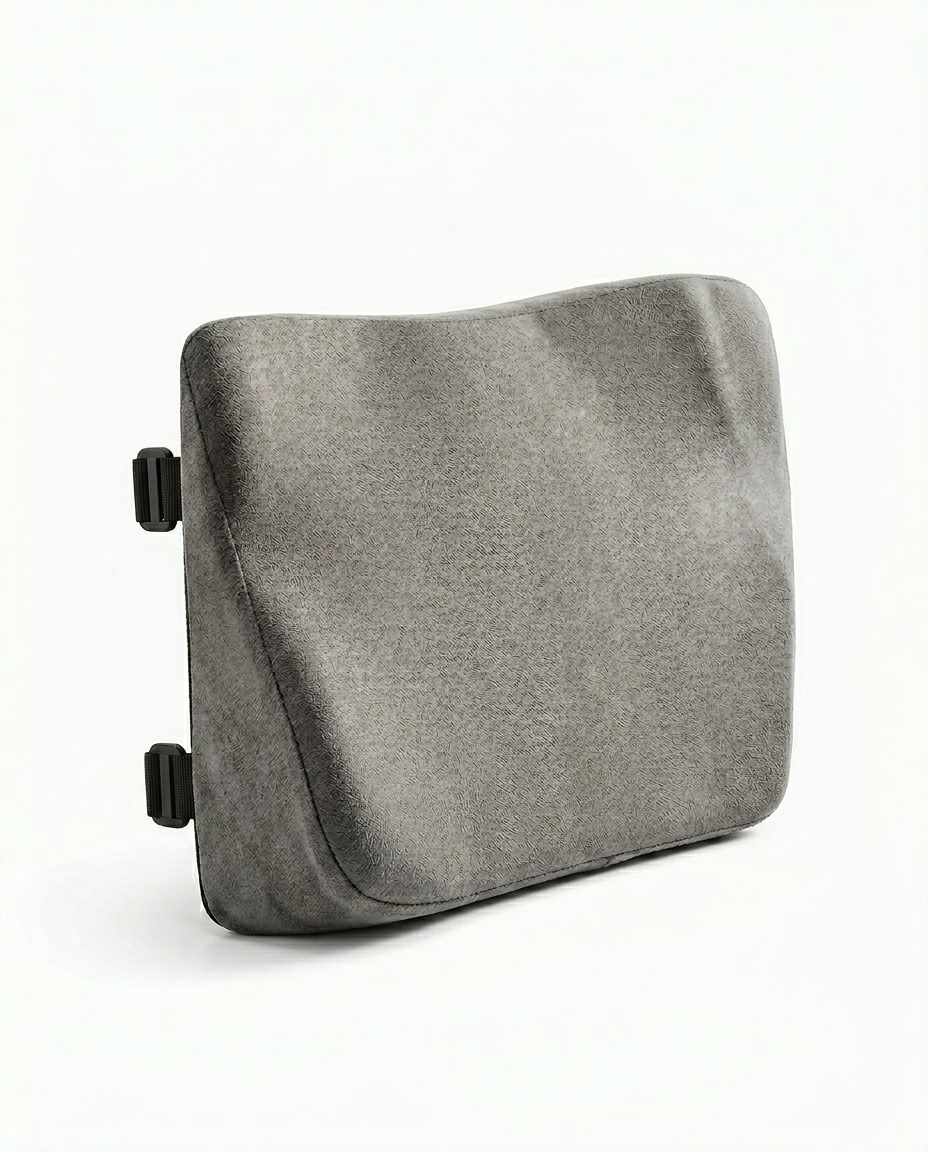 Single gray armrest cushion pad with strap buckles, on white