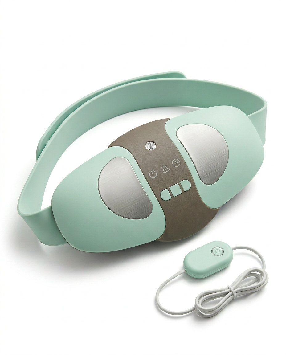 Mint green waist massager belt with metal massage plates and remote on white