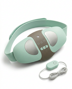 Mint green waist massager belt with metal massage plates and remote on white