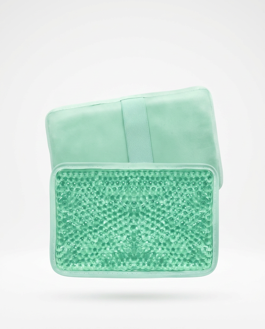 Green variant gel pack with fabric sleeve, studio shot on white