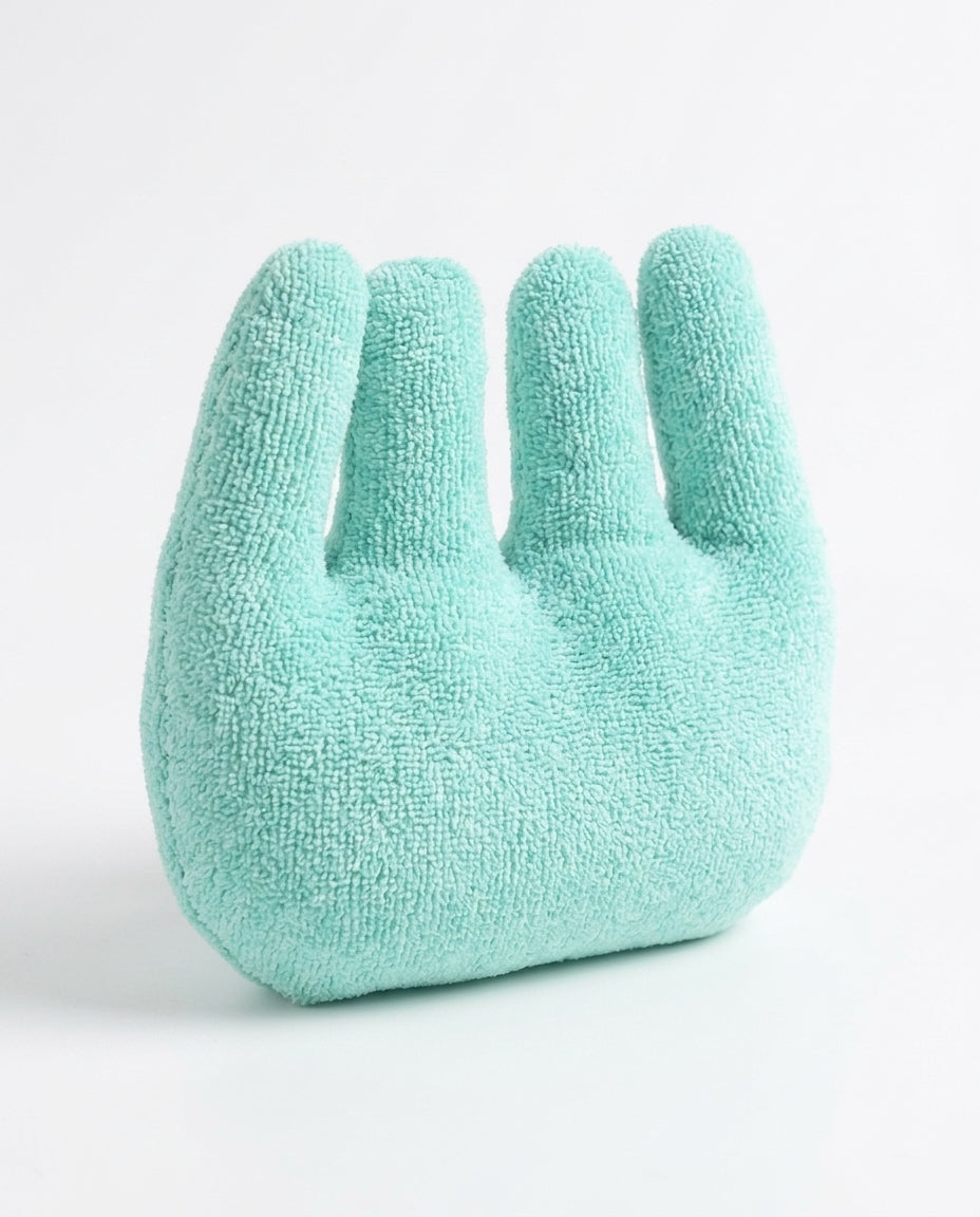 Mint green four-finger hand relaxation cushion on a white background