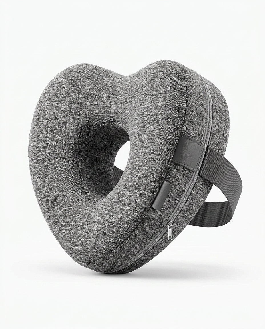 Grey memory foam leg pillow variant with strap, angled studio shot