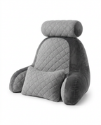Grey quilted reading pillow with headrest, armrests and lumbar cushion