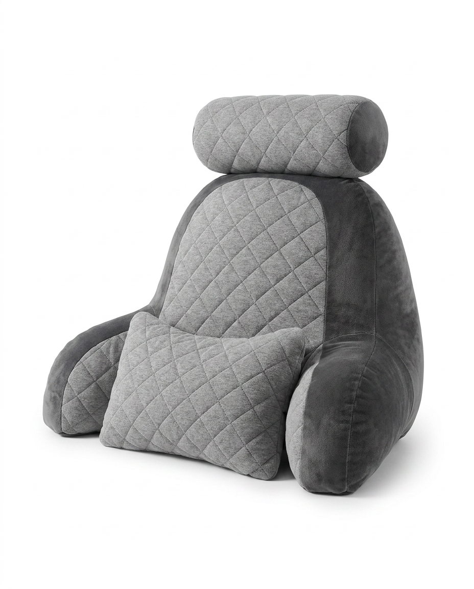Grey quilted reading pillow with headrest, armrests and lumbar cushion