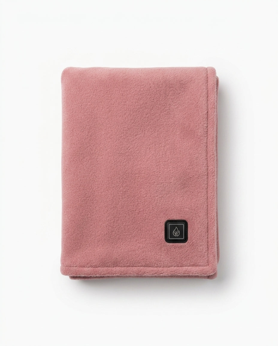 Folded dusty pink heated comfort scarf with flame logo tab on white