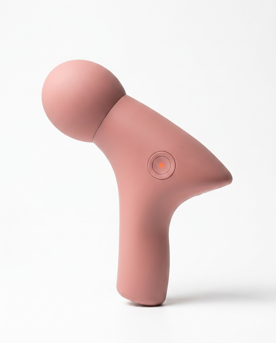 Dusty pink ergonomic deep tissue massage gun with dome head, on white
