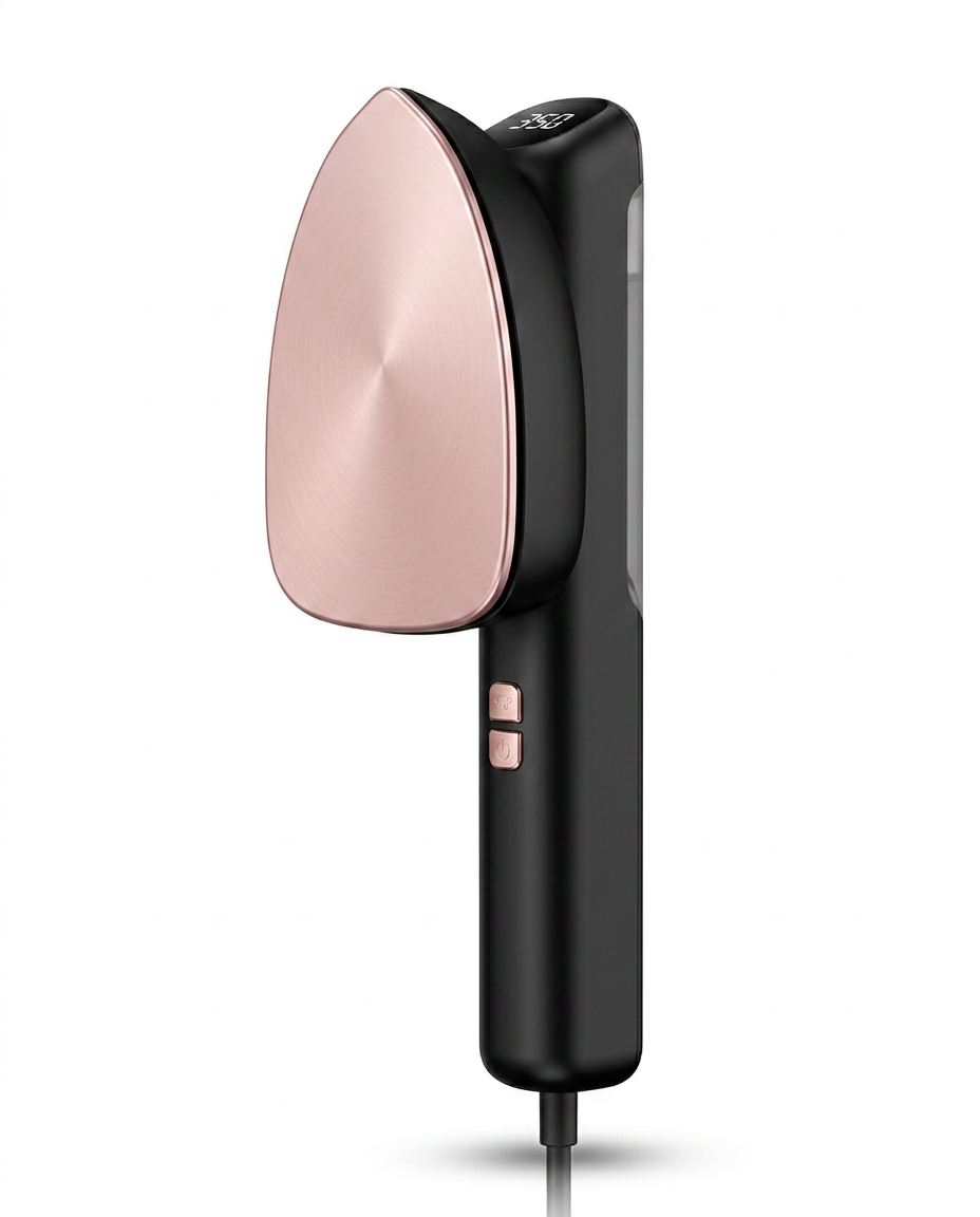 Handheld garment steamer in black with rose gold soleplate, studio shot