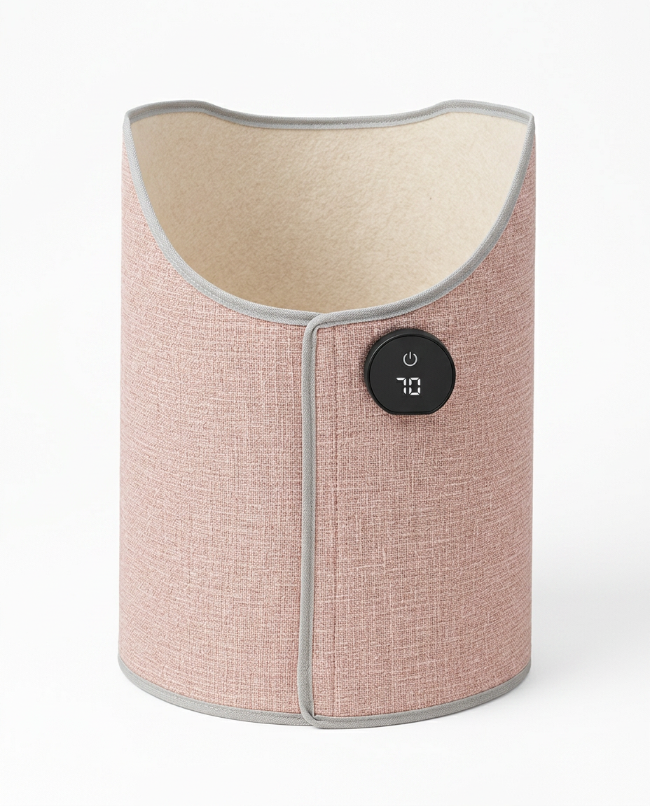 Pink fabric foldable leg warmer with digital control display on white background