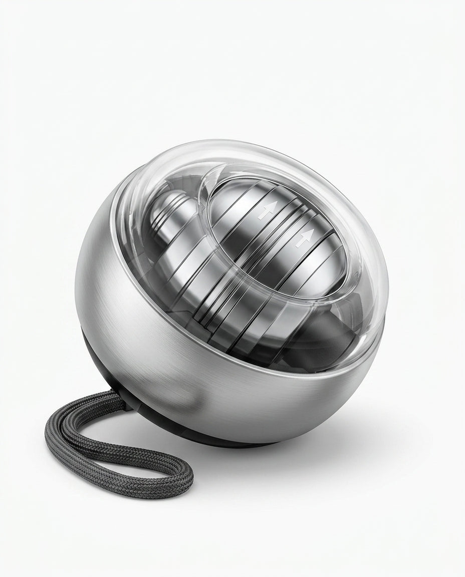 Platinum brushed-metal gyro ball trainer with clear dome and grey strap on white