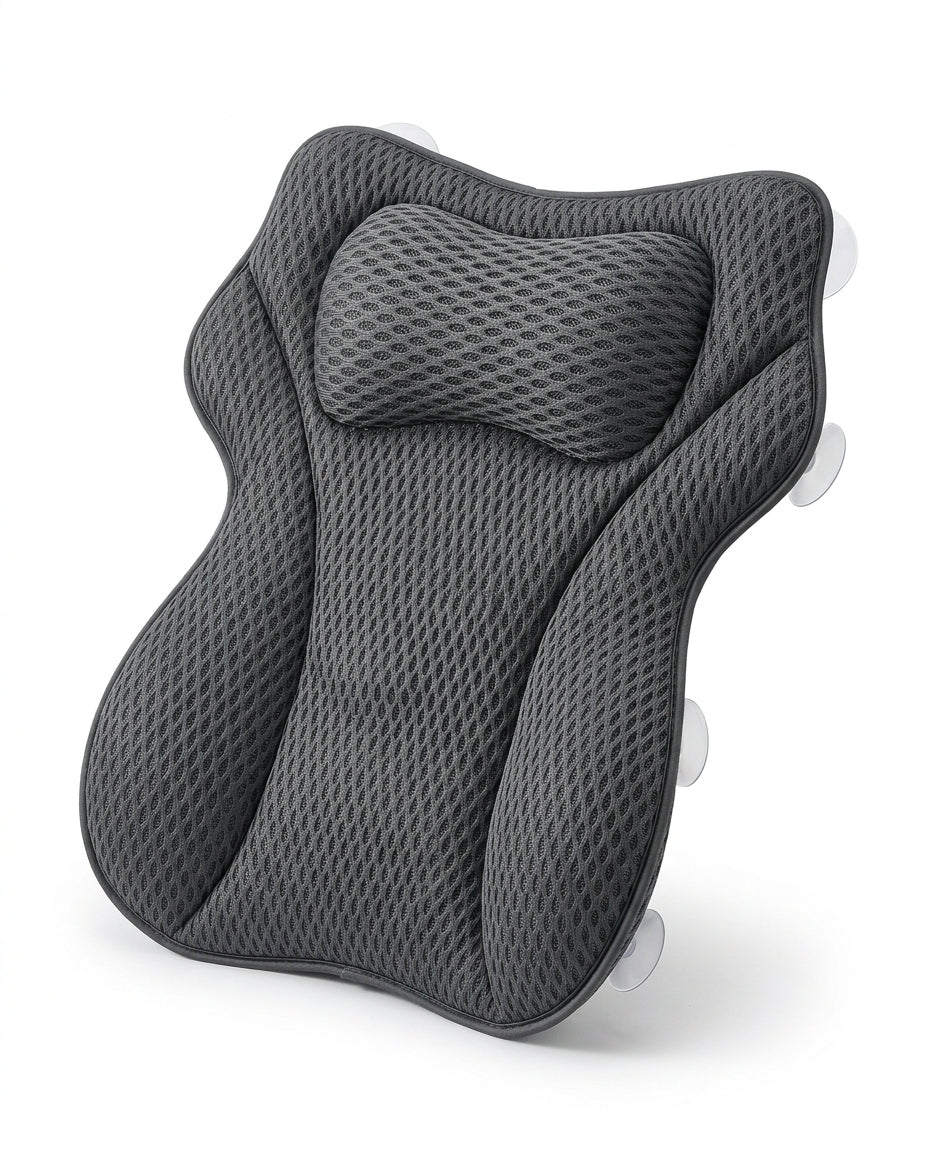 Grey polyester variant of the bath support pillow with suction cups on white