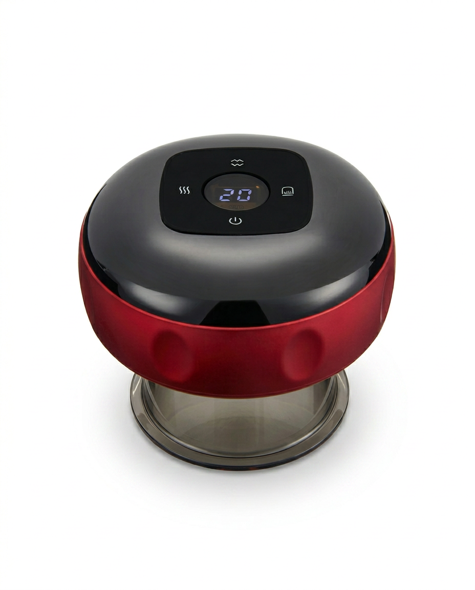 Red electronic cupping massager with steel suction cup, studio packshot