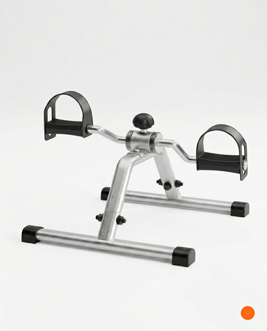 Silver pedal exercise bike, screw-type assembly version, on white