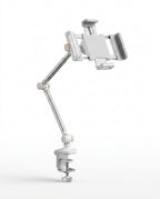 White single-arm clamp stand with wide tablet cradle, studio shot on white