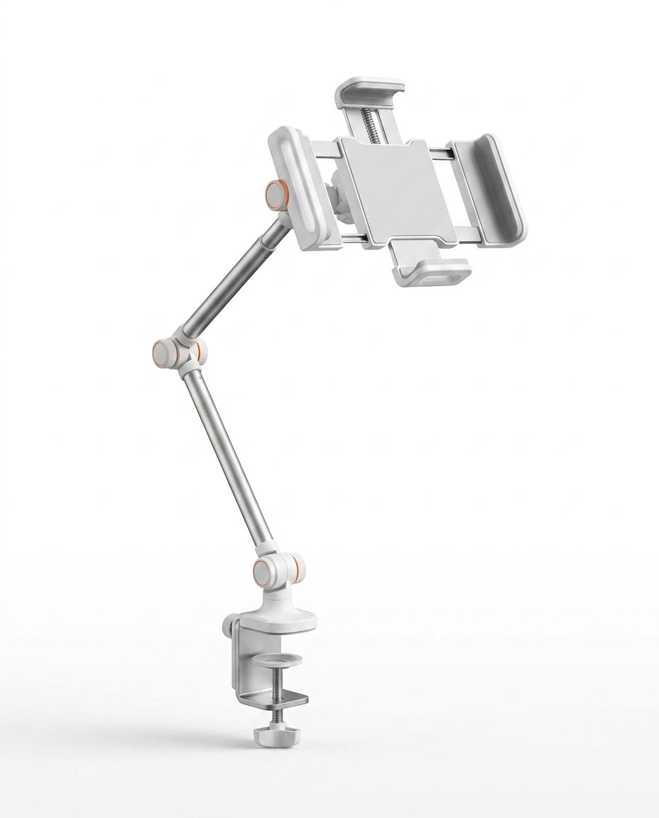 White single-arm clamp stand with wide tablet cradle, studio shot on white