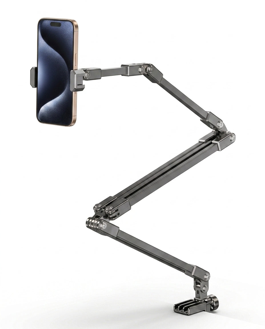 Three-stage black phone arm fully extended holding a phone on white