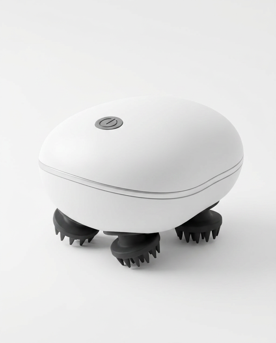 White electric scalp massager with black silicone claws on white background