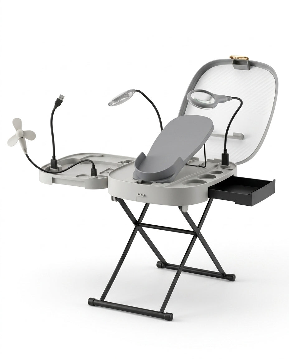 White and grey variant of the foot care station with all accessories