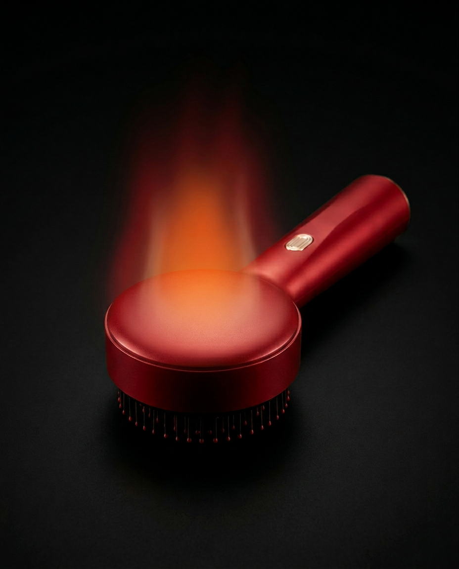 Red scalp comb with a warm thermal heat overlay rising from the head