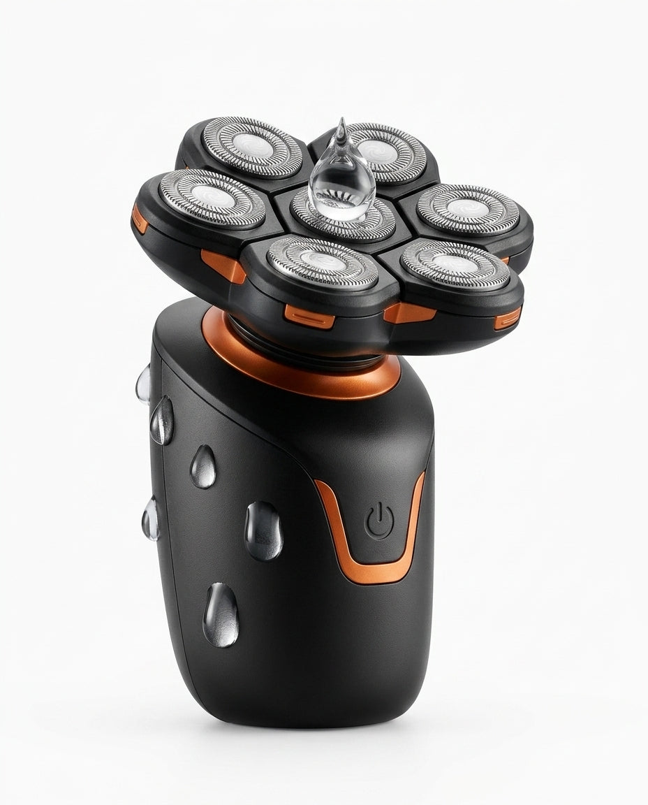 Black 7D shaver covered in water droplets showing wet and dry waterproof use