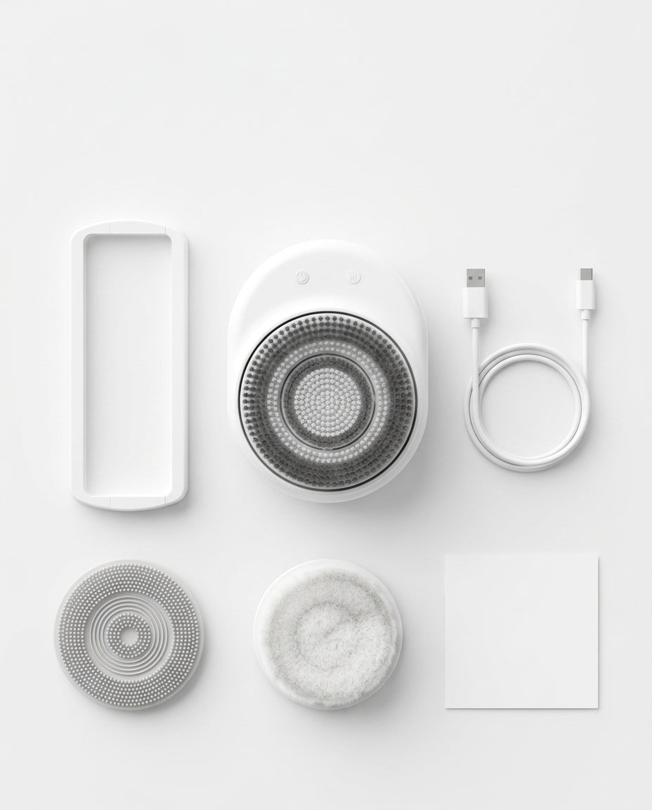 Flat-lay of the shower scrubber with wall mount, USB cable and brush heads