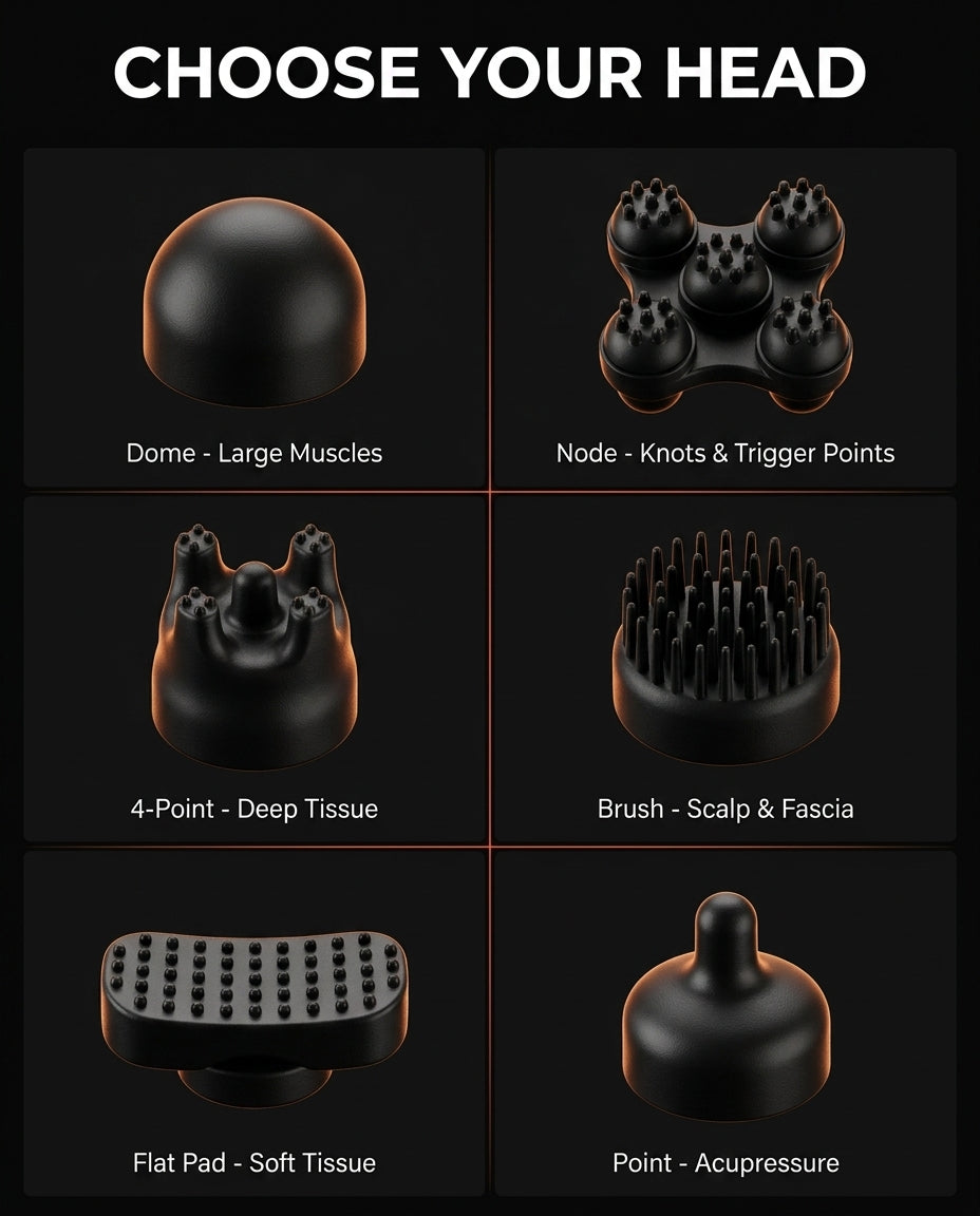 Infographic mapping each massage head to its target muscle group and use
