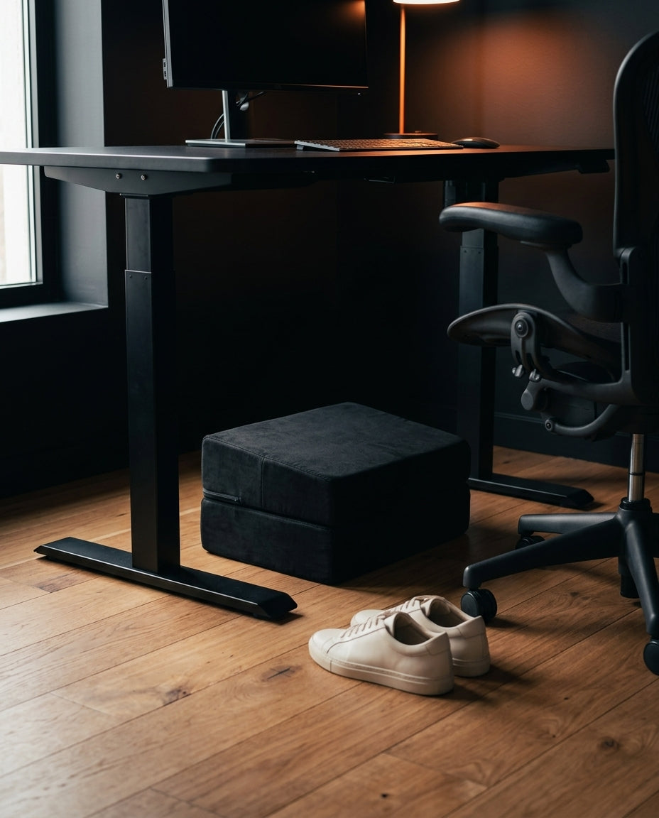 Black foot rest cushion under a desk beside an office chair and white sneakers