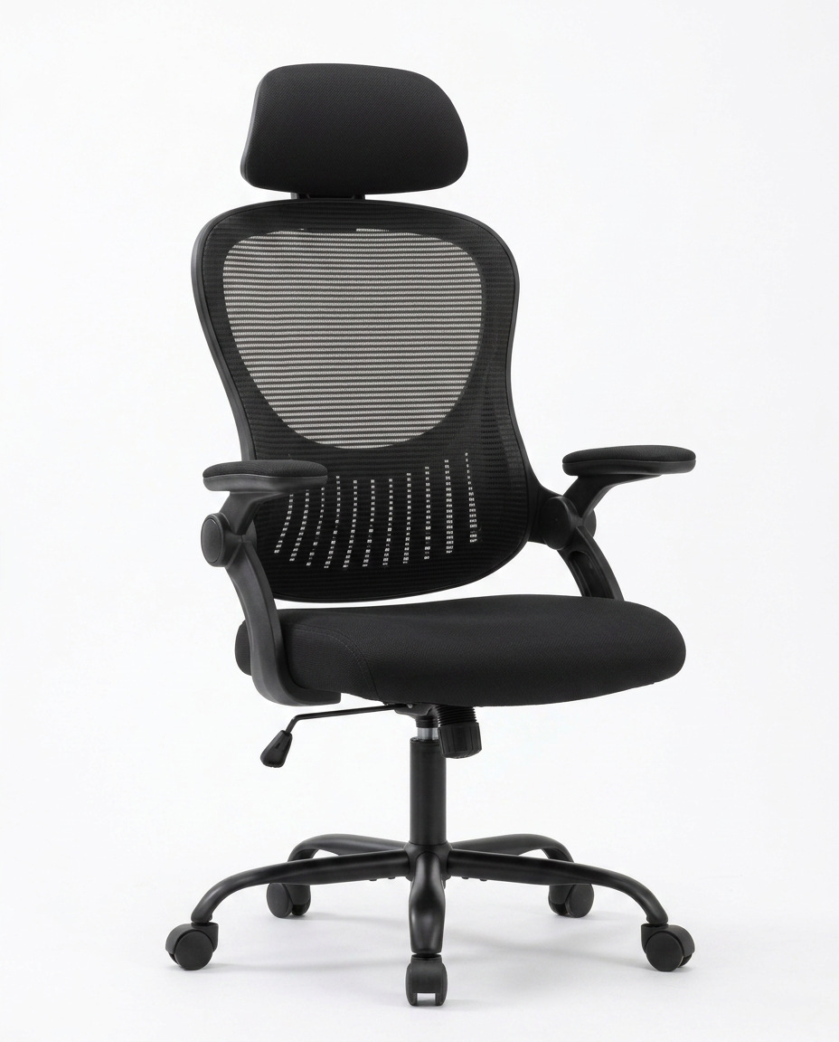 Black mesh ergonomic office chair, three-quarter view packshot on white