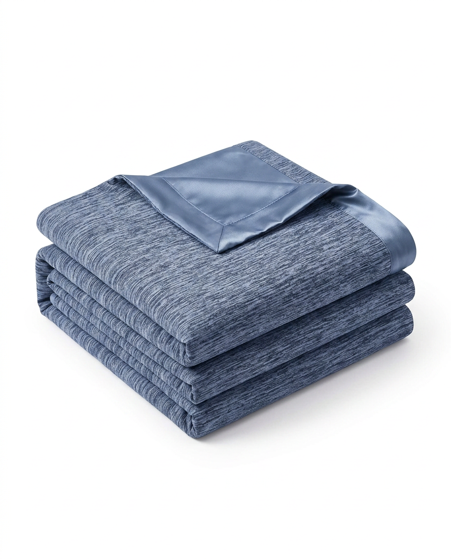 Folded blue cooling blanket with satin trim, studio shot on white