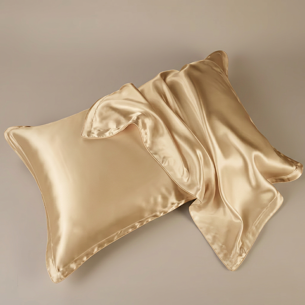 Champagne gold silk pillowcases on a beige background