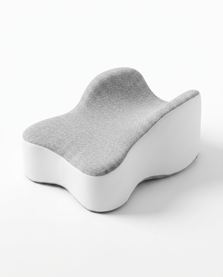 Grey memory foam knee pillow, three-quarter angle on white