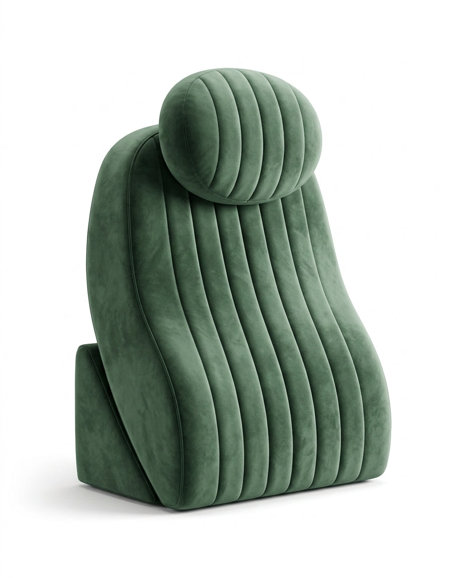 Green velvet channel-tufted bed backrest with matching neck roll