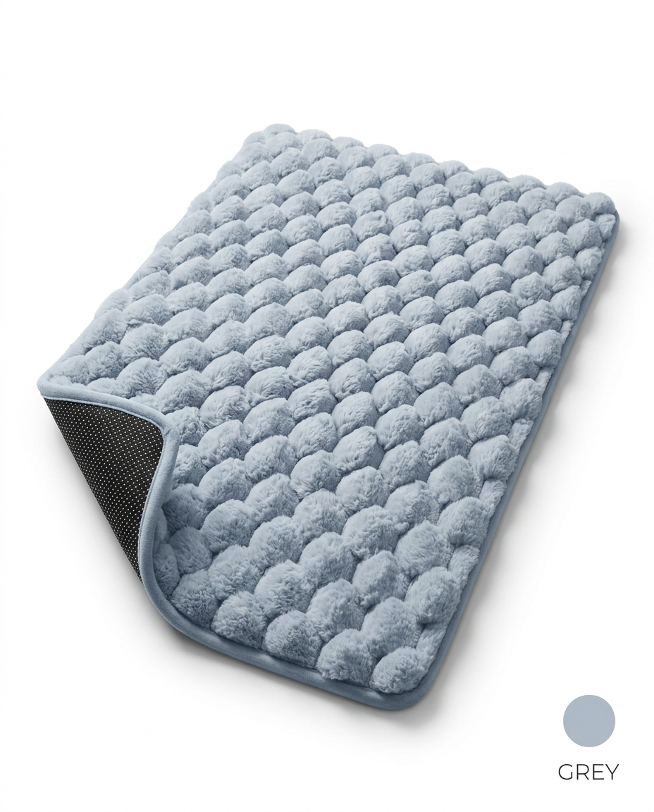 Grey memory foam bath mat with folded corner showing backing, labeled Grey