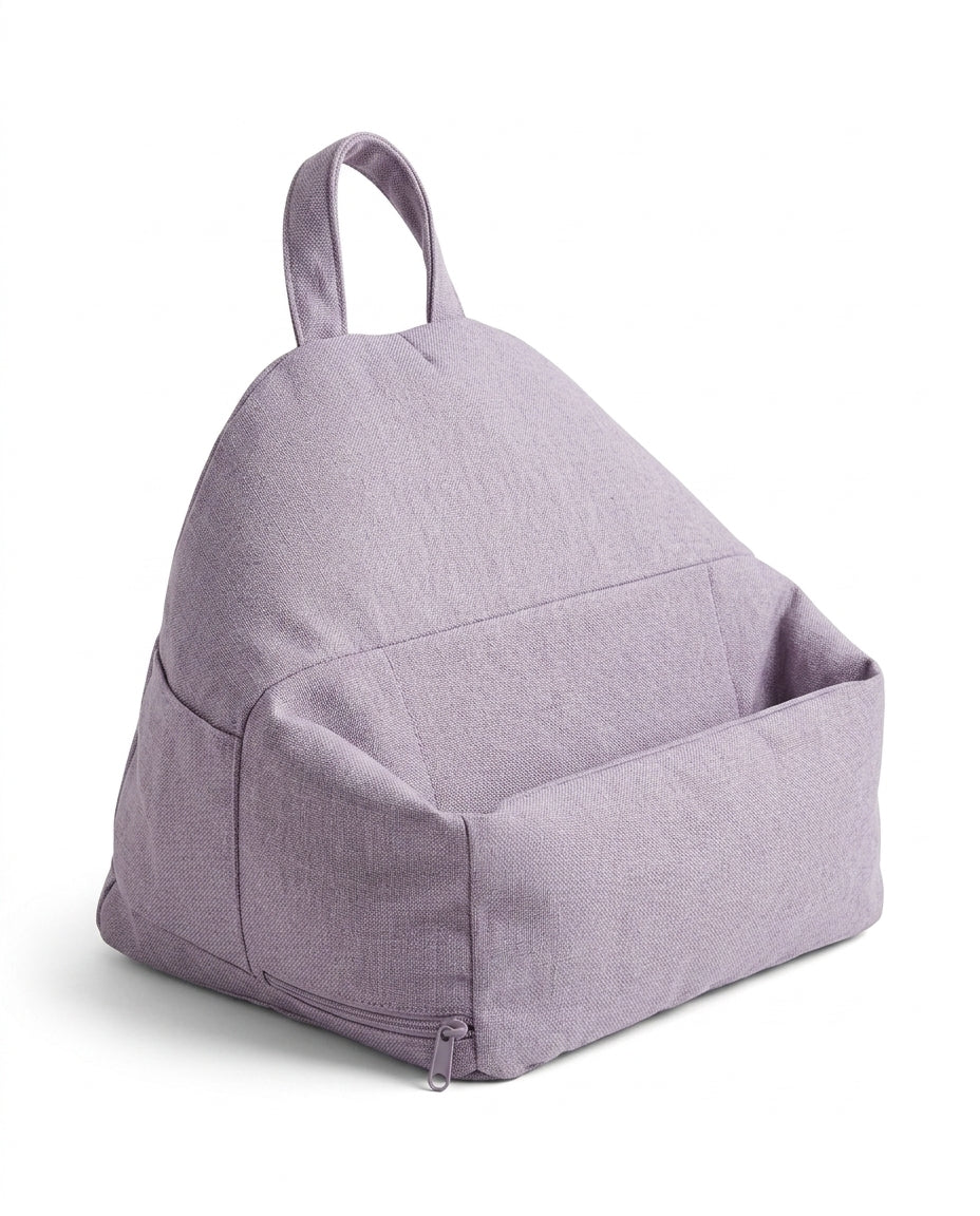 Light purple tablet stand pillow shown at an angle with handle and pocket