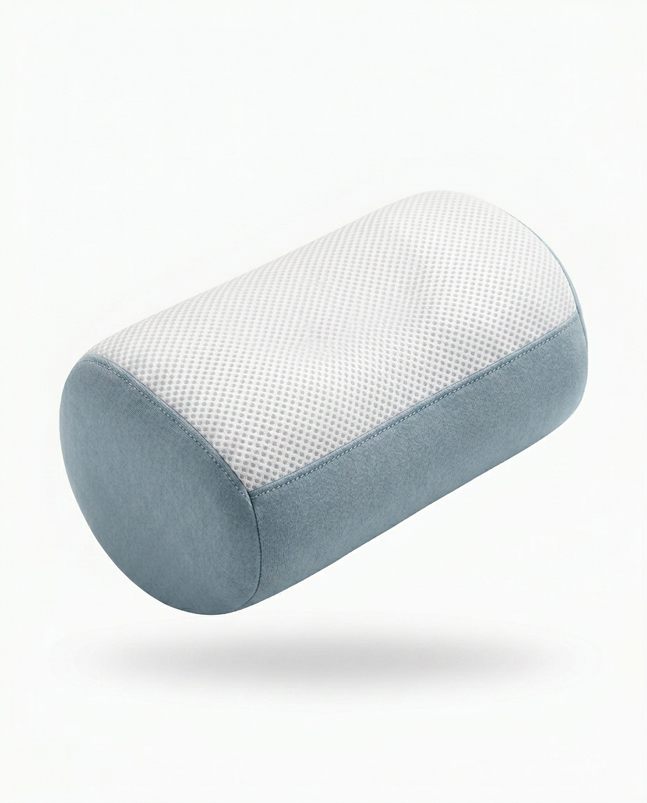 Misty blue and white variant of the cylindrical neck traction pillow on white