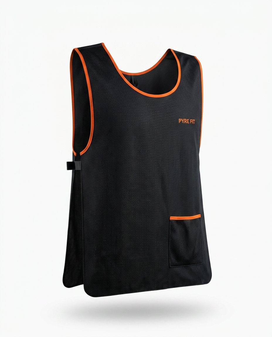 Cooling vest in Black Ember colorway, angled studio packshot with orange trim