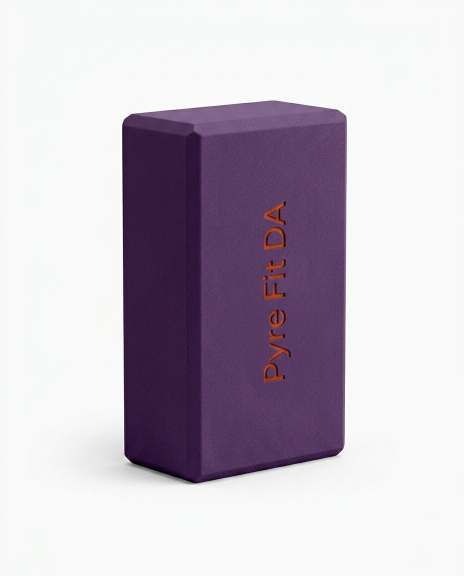 Purple EVA foam yoga block with embossed logo, studio shot on white