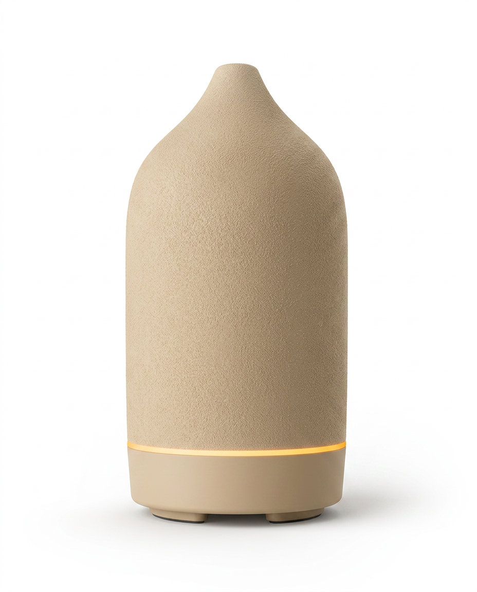 Tan suede-finish ceramic essential oil diffuser with glowing base ring
