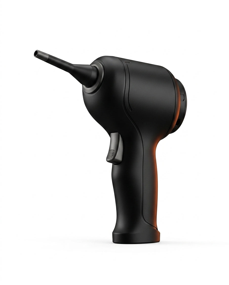 Black cordless cleaning tool with slim precision nozzle, side view on white