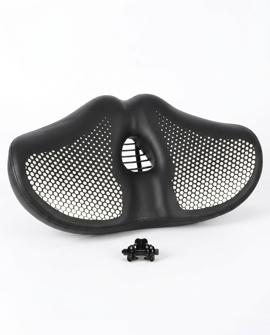Black color variant of the ergonomic bike saddle with perforated mesh, on white