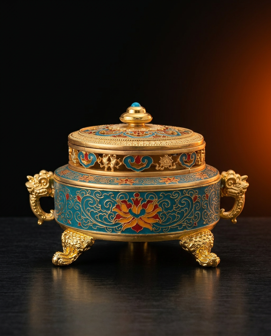 Blue cloisonne lotus incense burner variant with gold dragon handles
