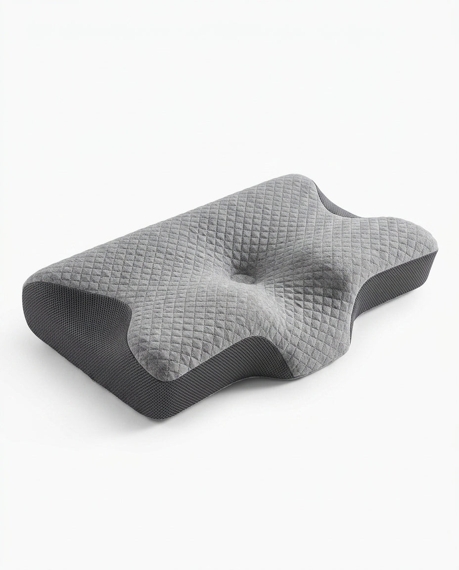 Grey quilted contoured cervical memory foam pillow on white, angled view