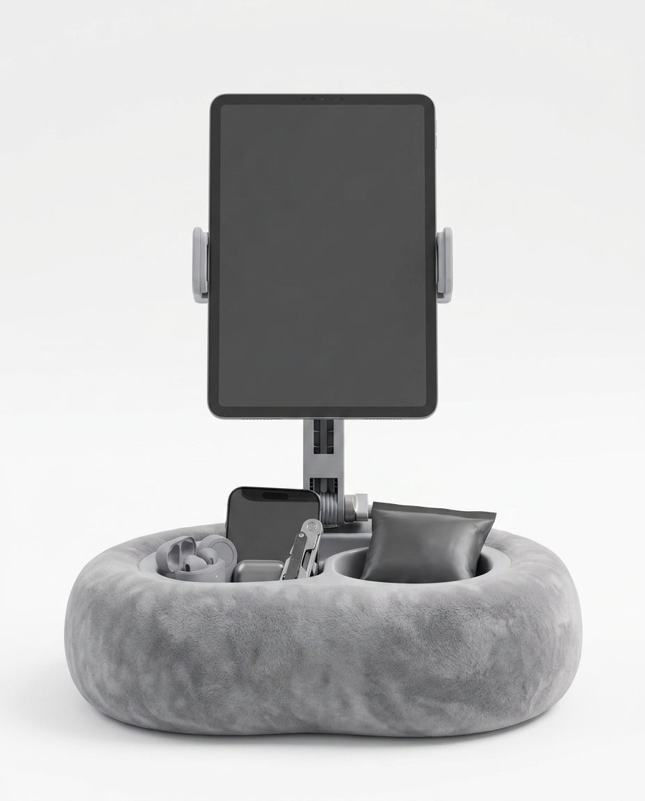 Grey color variant of the tablet pillow stand, front view on white