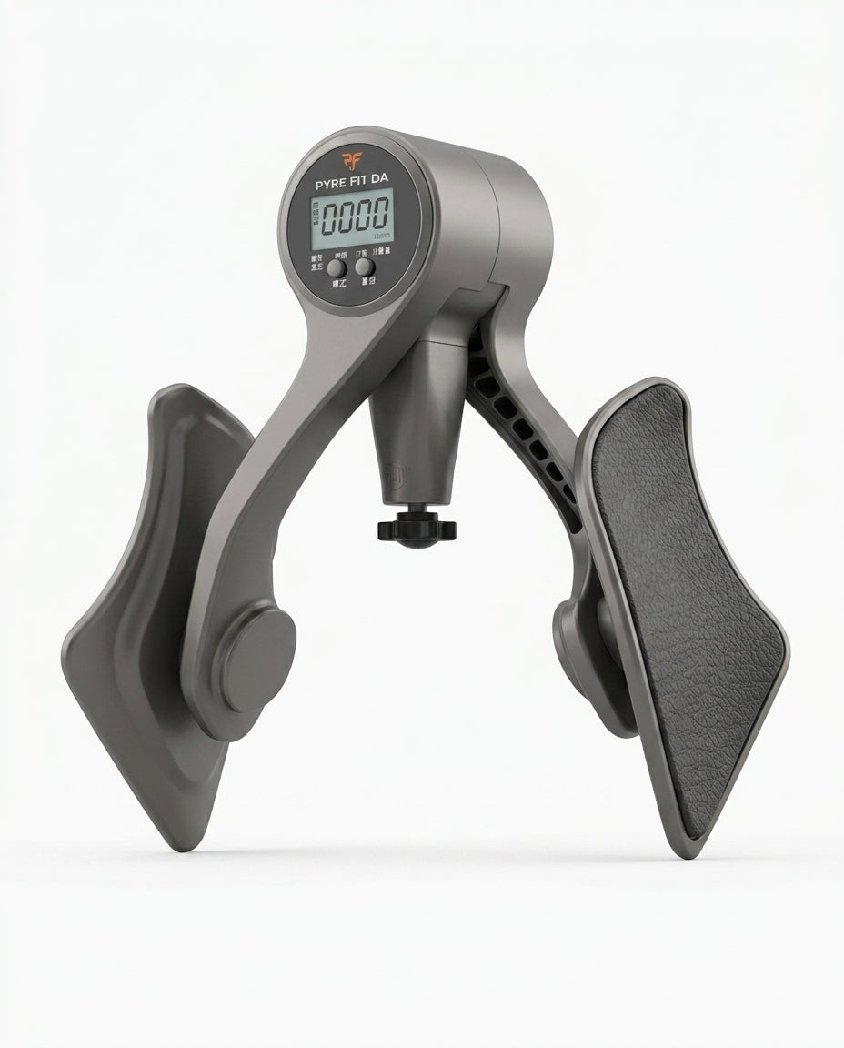 Grey hip trainer for leg and glute exercise, three-quarter studio view