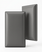 Two grey upholstered wall panels standing on a white background