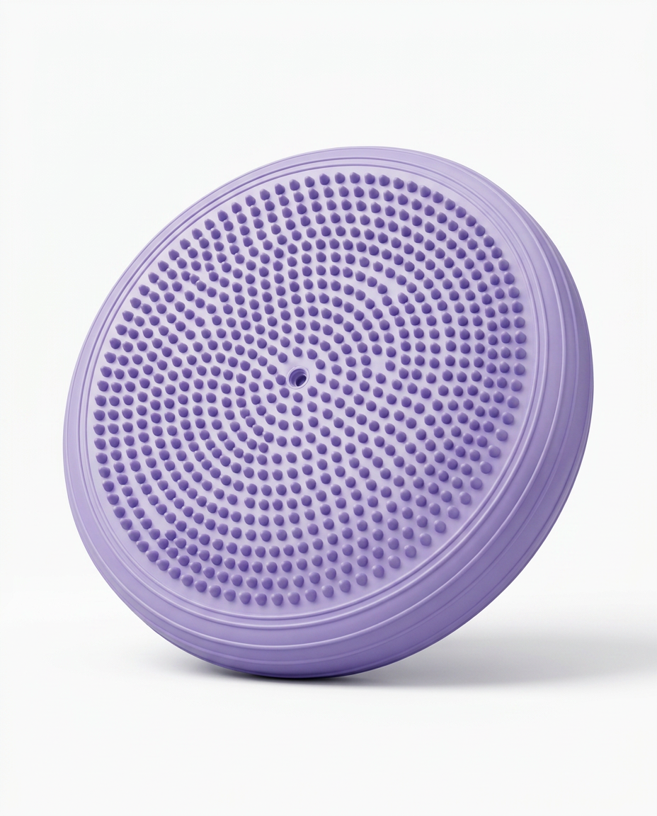 Purple wobble balance cushion with massage nubs on white background