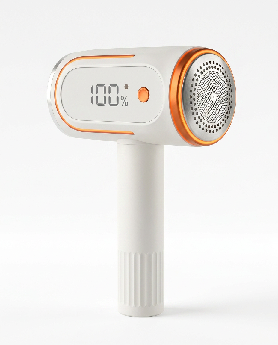 White and orange fabric shaver with LCD display on a white background