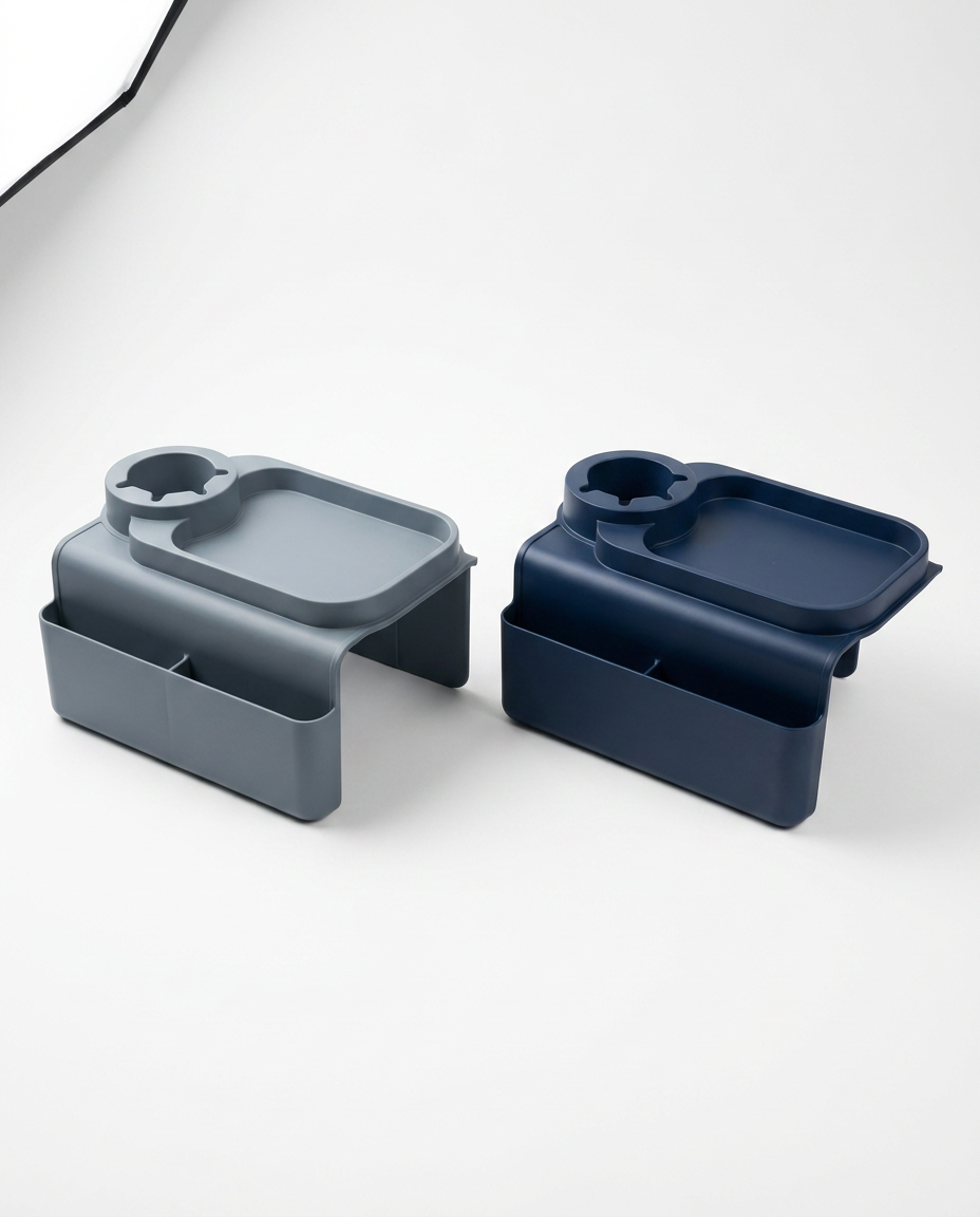 Grey and navy blue couch arm organizer trays side by side on white