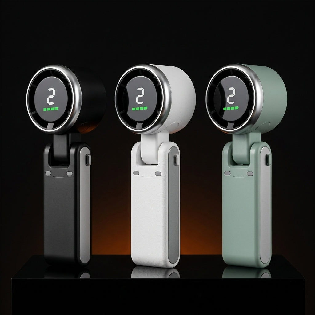 Three handheld turbo fans in black, white, and sage green color variants lineup
