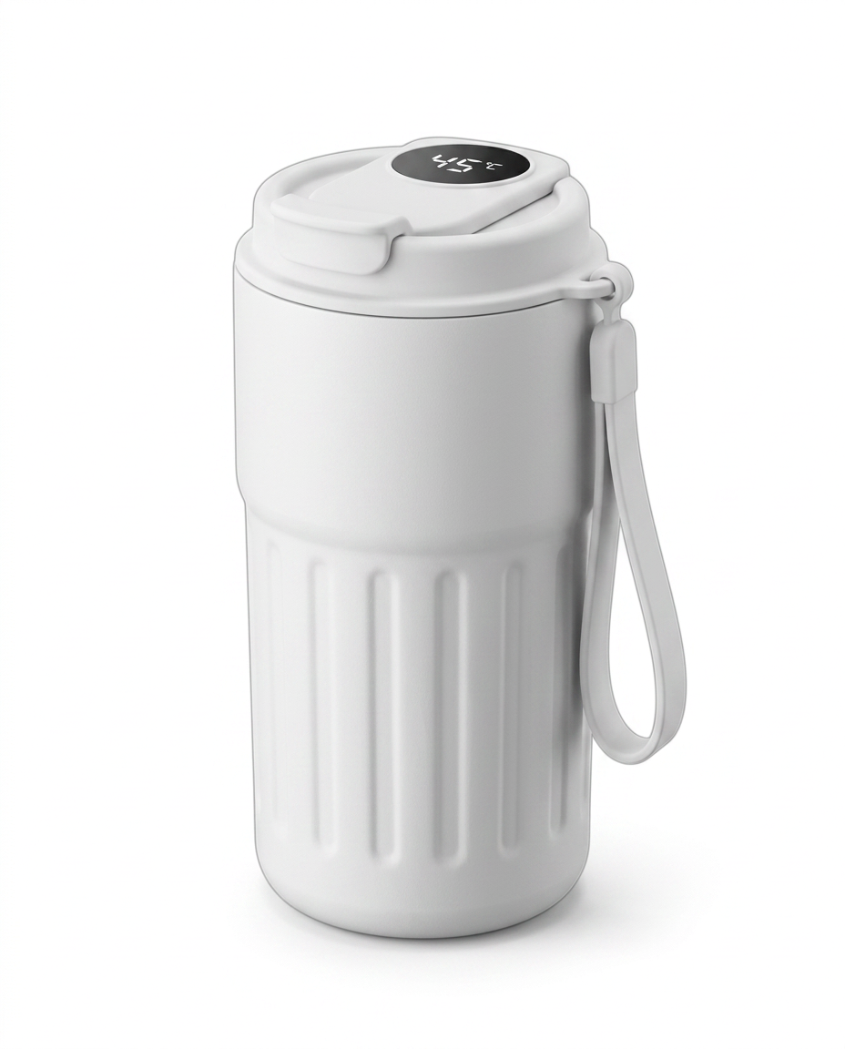 All-white temperature display coffee mug with matching strap on white